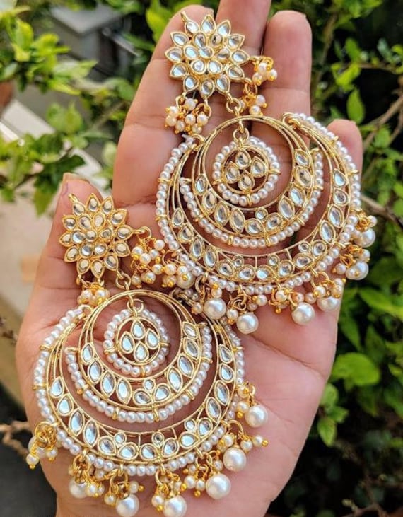 Indian Jewelry Gold Plated Bahubali Circular Stud Long Jhumka Earrings,  Kundan Chanbaliyan, Pakistani Kundan Earrings, Bahubali Jewelry