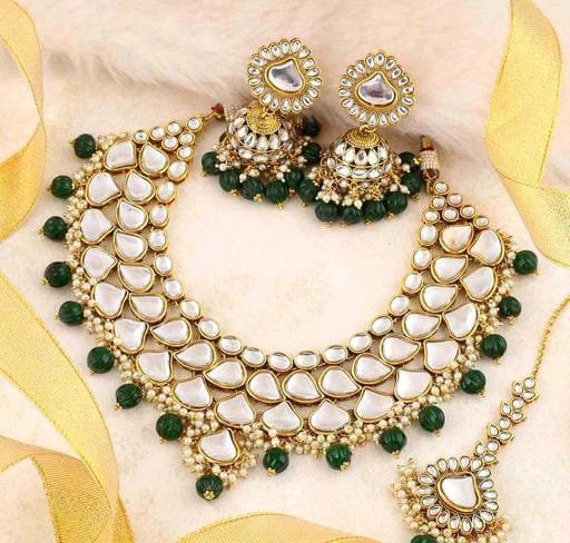 Conjunto de joias de casamento Rajwadi Raani Haar Punjabi Green