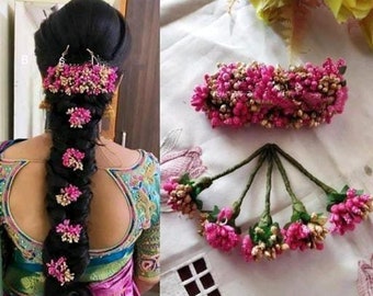 Artificial Flower Floral Gajra Veni Jewelry Clips Pins Brooch Hair Band Accessories, Hair Bun Holder Set, Bridal Long Hair Decoration, Juda