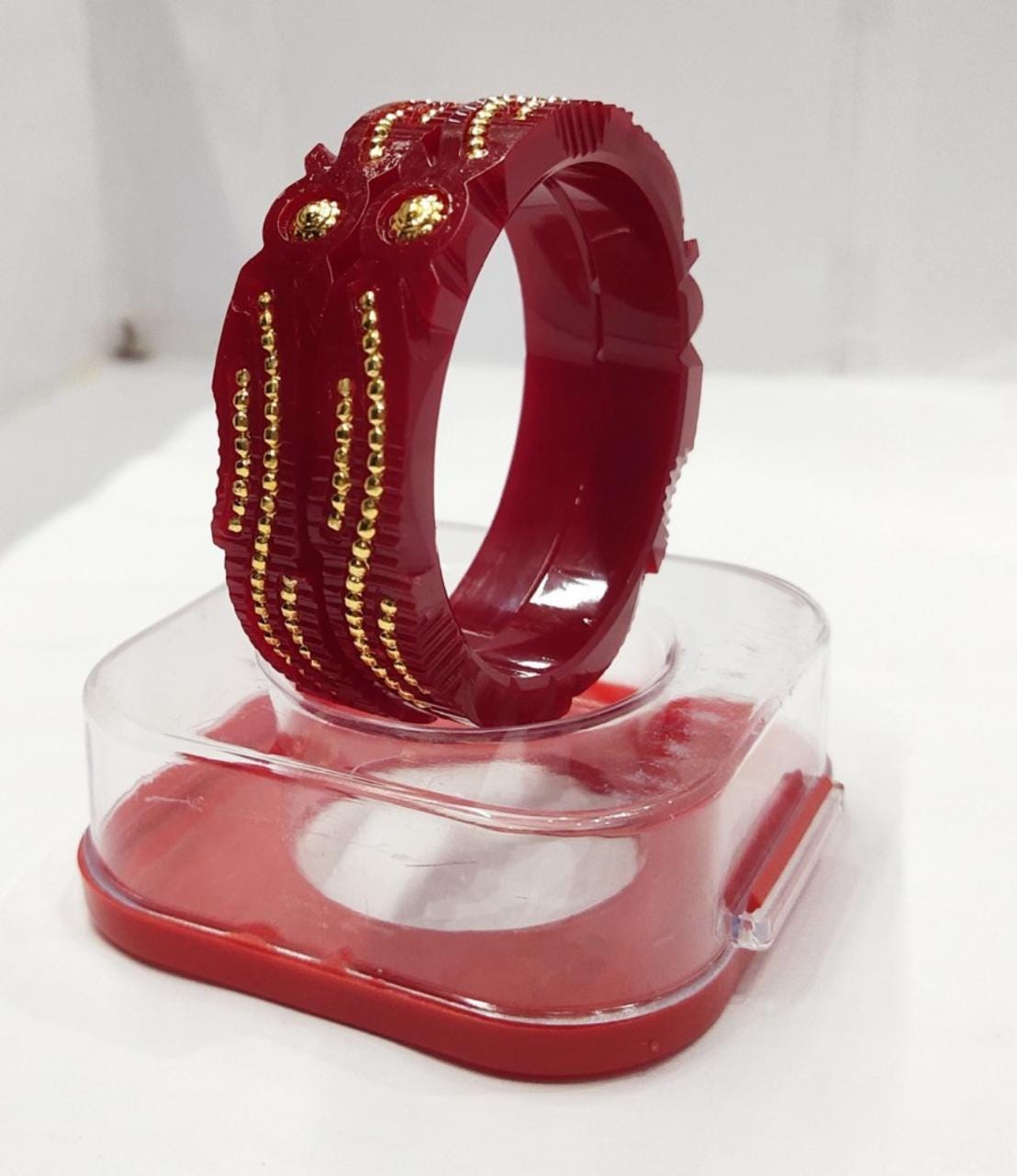 Red White Bengali Gold Binding Bangles, Shakha Pola Bangles, Red