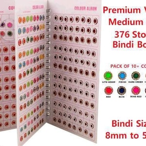 May include: A book of 376 self-adhesive round bindis in various colors. The book is open to show the different colors and sizes of the bindis. The bindis are 8mm to 5mm in size. The book is labeled "Premium Velvet Medium Size 376 Stone Bindi Book".