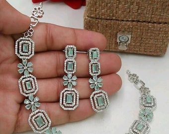 American Diamond Silver Wedding Necklace Earring set | Pink Cz Stone Indian Jewelry | Mint Green Statement Necklace | Indian Designs Jewelry