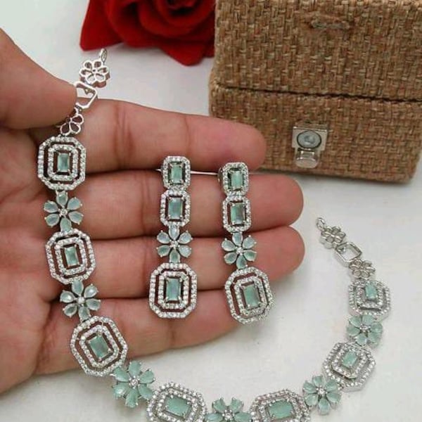 American Diamond Silver Wedding Necklace Earring set | Pink Cz Stone Indian Jewelry | Mint Green Statement Necklace | Indian Designs Jewelry