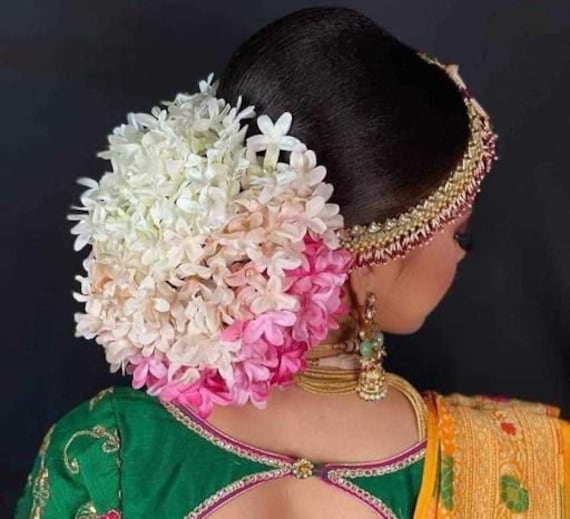 Broche à Cheveux Indienne Gajra Fleur Artificielle Rose Et Jaune - Style Bollywood