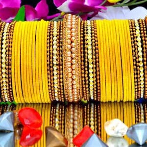 Set Of 2 Hand Yellow Haldi Gold Metal  Bangles Set, Golden Chudiya, Ethnic Chudiya Bangles Set, Traditional Bangles, Braceler & Bangles