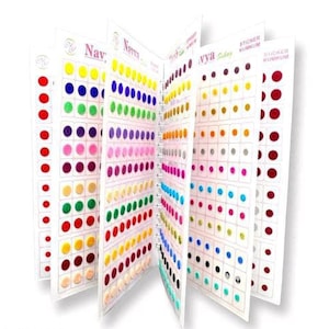 May include: A set of colourful sticker bindis in a variety of colours and sizes. The bindis are arranged on sheets with a white background and are labelled "Navya Stickers Kumkum".