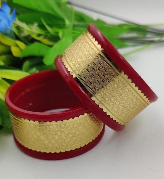 Red Mota Desiger Big Size Kada Bangles, Shakha Pola Bangles, Red