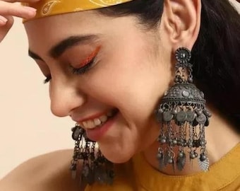 Oxidized Earrings Oxidized Jewelry Jhumka Jhumki  Silver Plated Indian Earrings  Indian Jewelry  Traditional Handmade Earrings  Big Jhumka