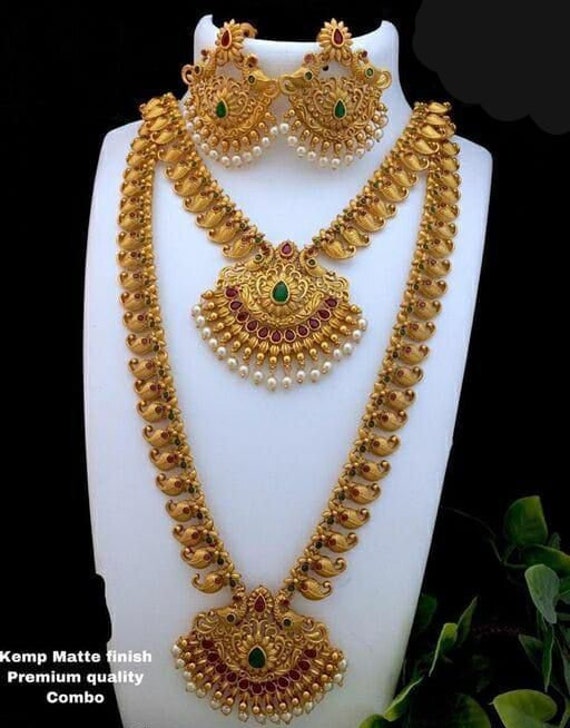 Indian Wedding Gold Necklace Kemp Stone Matte Finish Copper Gold Plated Ethnic Jewelry Set Necklace Set Long Haram Choker Set For Women