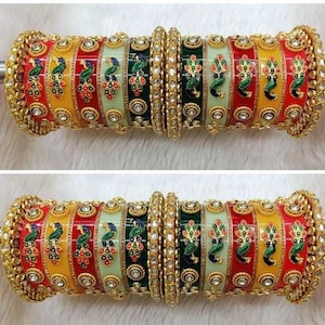 Peacock Rajwadi Chuda Set/ Colorfull Handmade Mirror Bangles/Indian Wedding Punjabi Chooda/Red Chura Bangles/ Golden Chura Set for Marriage
