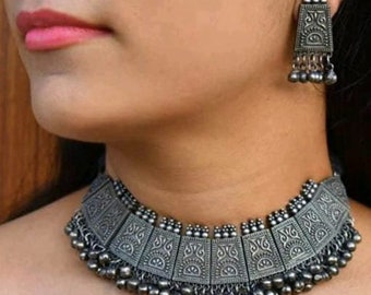 Jaipuri Handmade Crafted Oxidised Silver Plated Long Statement Necklace Set, Traditional Afghani Boho Style Rustic Indian Ethnic Jewelry