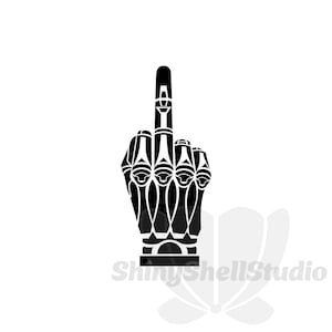 May include: Black and white silhouette of a hand giving the middle finger. The hand is stylized with intricate details and appears robotic.