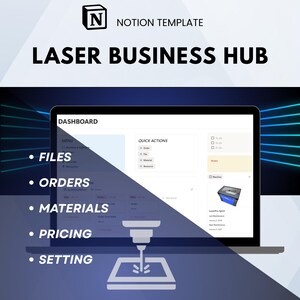 May include: A digital graphic promoting a Notion template for a laser business hub. The image shows a laptop screen displaying a dashboard with menu options for files, orders, materials, pricing, and settings. The text "LASER BUSINESS HUB" is prominently displayed.