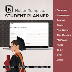 Modèle d'agenda pour étudiant Notion ; Organisatrice de la vie universitaire et étudiante ; Tableau de bord d'étude esthétique avec des citations de motivation dures