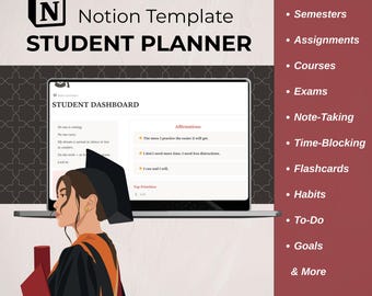 Modèle d'agenda pour étudiant Notion ; Organisatrice de la vie universitaire et étudiante ; Tableau de bord d'étude esthétique avec des citations de motivation dures