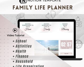 Modèle de notions ultime d'agenda de vie de famille : ménage, finances, organisation de la vie, école, suivi de la santé, planificateur de repas, voyages...
