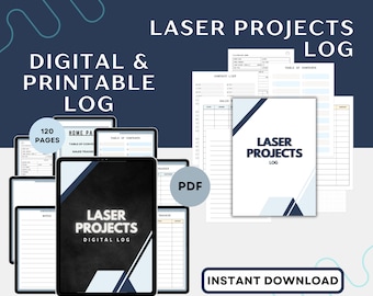 Journal numérique et imprimable de projets laser, enregistreur de gravure et de découpe laser, réglage, suivi des ventes, suivi des dépenses, liste de contacts, notes.