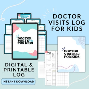 Digitaal en afdrukbaar logboek doktersbezoeken voor kinderen, medisch dossier, doktersbezoektracker, medische afspraken, groeigrafieken