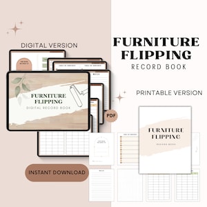 Puede incluir: Un libro de registro digital e imprimible para el volteo de muebles. La portada presenta un fondo de madera marrón con una salpicadura de pintura blanca y un rodillo de pintura. El texto "Furniture Flipping" está en negro con las palabras "Digital Record Book" en una fuente más pequeña debajo. La versión imprimible se muestra en el lado derecho de la imagen con un diseño similar.