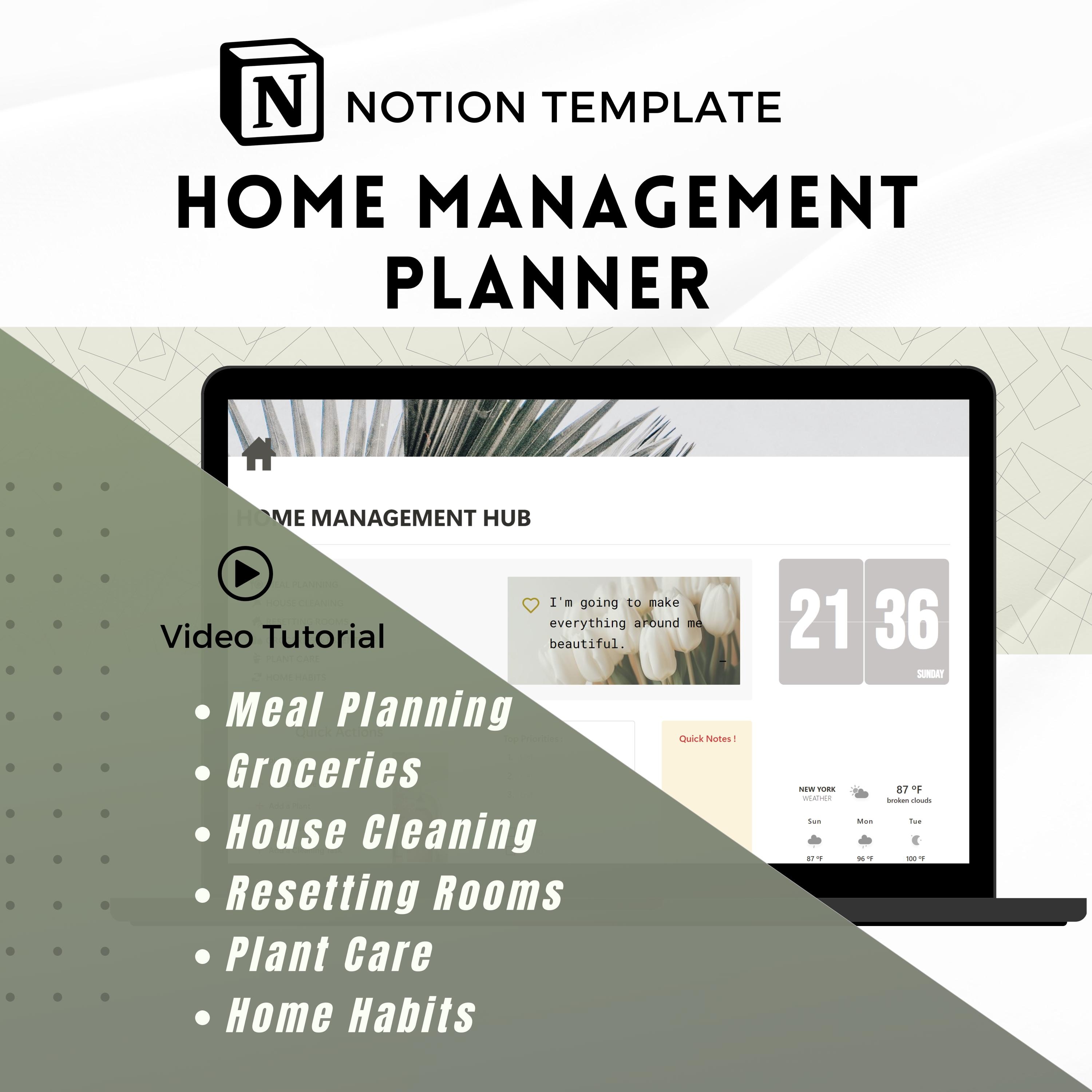 Home Management Notion Template: Household Planner, Habit Tracker, Plant Care, Meal Planner, Groceries