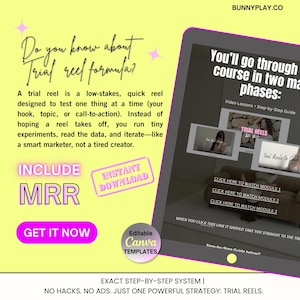 May include: Digital marketing graphic with text: "Do you know about Trial reel formula?" and "Include MRR." The image also includes a tablet screen with video lesson thumbnails and the text "Instant Download."