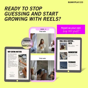 Może przedstawiać: Grafika promocyjna z tekstem "READY TO STOP GUESSING AND START GROWING WITH REELS?" i "Resell as your own keep 100% profit." Obraz zawiera telefon i tablet wyświetlające treści z mediów społecznościowych, ze słowami "Editable Canva TEMPLATES."