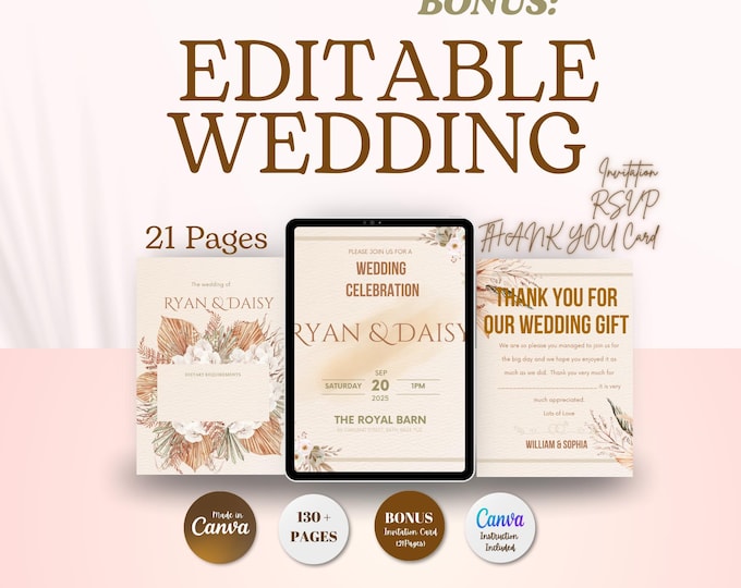 Featured listing image: Editable Wedding Planner Canva Template: 310 Pages, PLR Resell Rights (Digital Download)