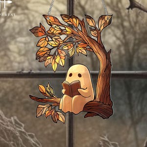 Cute Ghost Reading Book Suncatcher, Ghost Book Suncatcher, Halloween Ghost Acrylic Window Hanging, Book Lover Gift,Ghost Art, Ghost Ornament