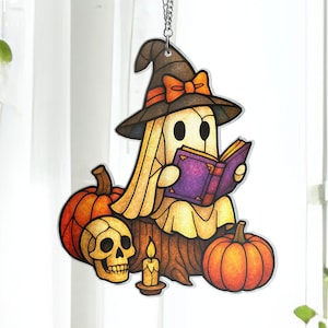 Cute Ghost Reading Book Suncatcher, Ghost Book Suncatcher, Halloween Ghost Acrylic Window Hanging, Book Lover Gift,Ghost Art, Ghost Ornament