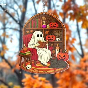 Cute Ghost Reading Book Suncatcher, Halloween Ghost Acrylic Window Hanging, Book Lover Gift, Ghost Ornament, Ghost Book Suncatcher,Ghost Art