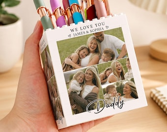 Personalized Daddy & Me Photo Building Block Pen Holder, Father's Day Brick Gift For Dad, Daddy Gifts From Kids, Brick Holder Photo Keepsake
