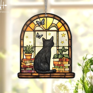Black Cat And Book Acrylic Suncatcher Window Hanging, Book Window Decor, Book Lover Gift, Bookish Ornament, Cat Indoor Decor, Librarian Gift