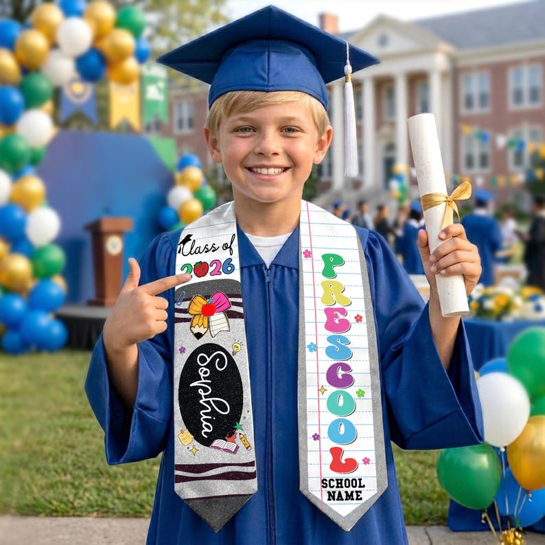Custom Name Kid Graduation Stole, Crayon Kindergarten Grad Stole, Graduation Gift for Daughter Son, Class of 2026 & Last Day Of School Gift Color 2