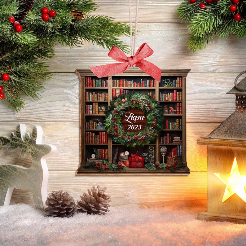 Personalized Bookshelf Christmas Ornament, Books Wooden Ornament, Book