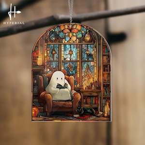 Cute Ghost Reading Book Suncatcher, Ghost Ornament, Ghost Book Suncatcher, Halloween Ghost Acrylic Window Hanging, Book Lover Gift,Ghost Art