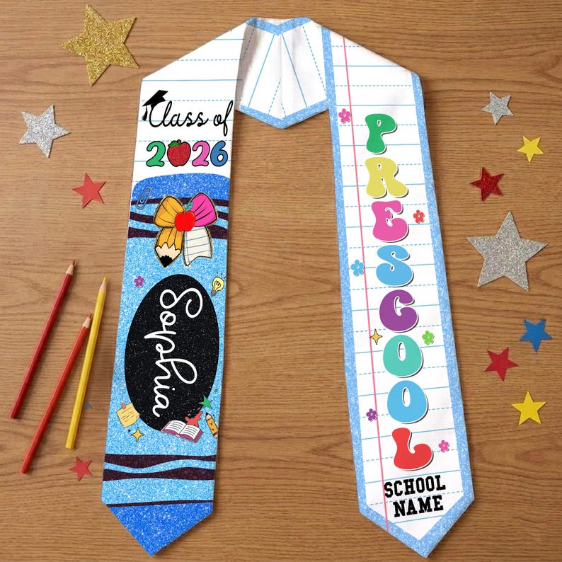 Custom Name Kid Graduation Stole, Crayon Kindergarten Grad Stole, Graduation Gift for Daughter Son, Class of 2026 & Last Day Of School Gift Color 6