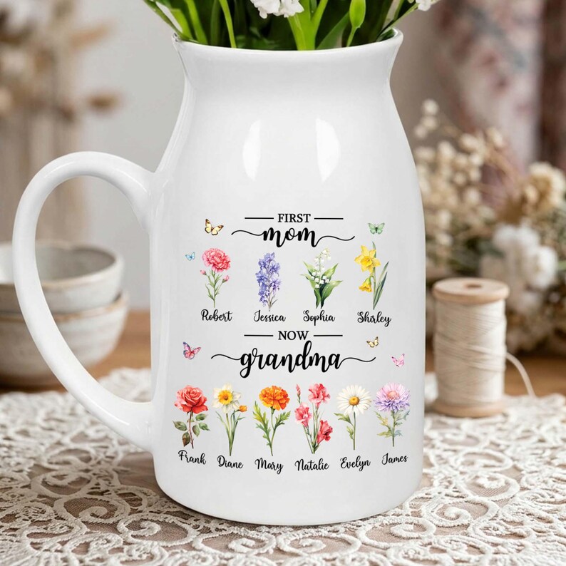 Personalized First Mom Now Grandma Vase, Custom Birth Month Flower Vase ...
