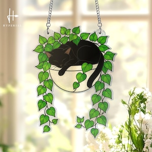 Black Cat Sleeping on Ivy ACRYLIC Suncatcher, Cat Acrylic Window Hanging, Plant Lover Gift, Ivy Plants Decor, Cozy Cat Decor, Gift For Mom