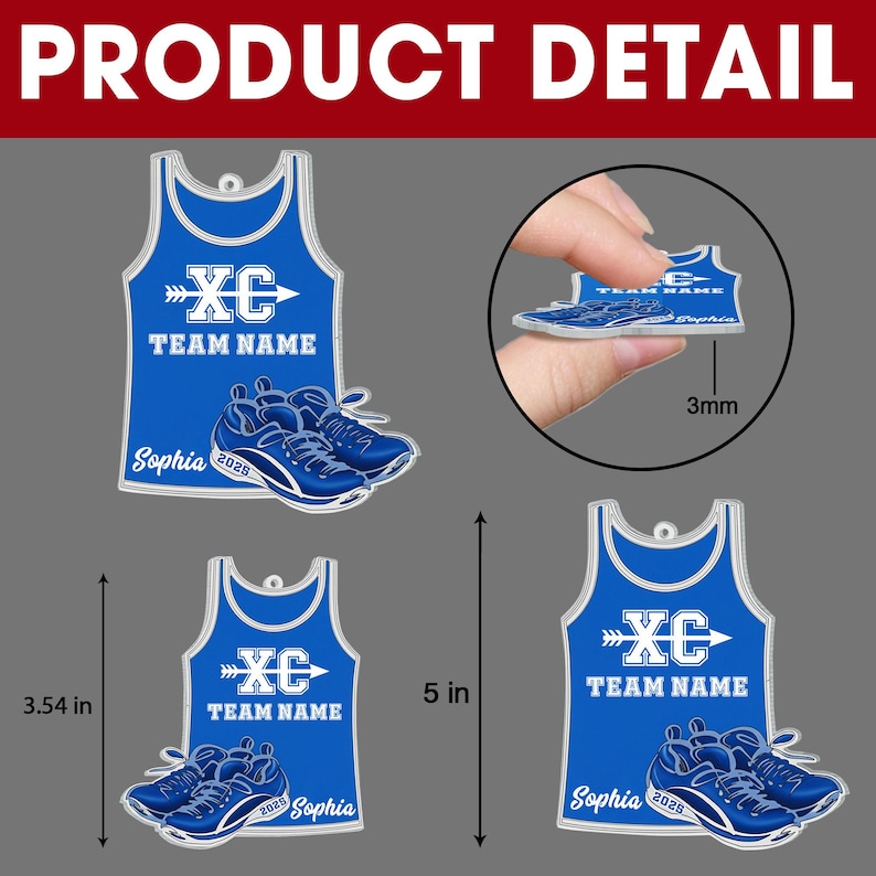May include: Blue tank top-shaped ornament with "XC" and "TEAM NAME" text, paired with running shoes. The ornament is 5 inches tall and 3mm thick. The name "Sophia" and the year "2025" are also visible. The product detail is displayed.