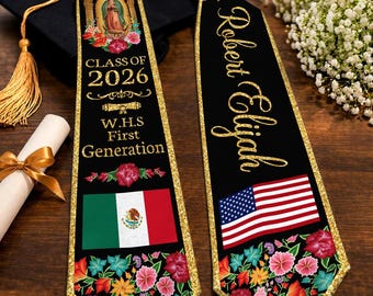 Mexico Graduation Stole Class of 2026, Virgin Mary Graduation Sash, Custom Name School Sash Senior Graduation Gift, Graduation Sash 2026