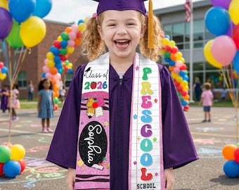 Custom Name Kid Graduation Stole, Crayon Kindergarten Grad Stole, Graduation Gift for Daughter Son, Class of 2026 & Last Day Of School Gift