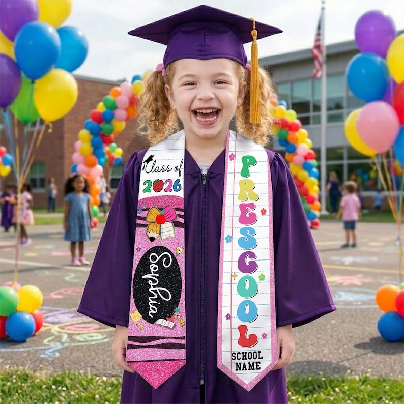 Custom Name Kid Graduation Stole, Crayon Kindergarten Grad Stole, Graduation Gift for Daughter Son, Class of 2026 & Last Day Of School Gift image 1