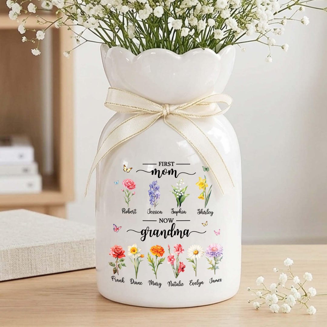 Personalized First Mom Now Grandma Vase, Custom Birth Month Flower Vase ...