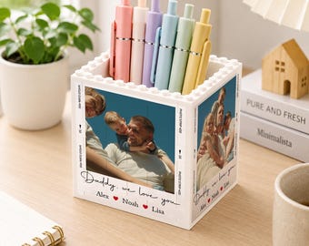 Personalized Photo Building Block Pen Holder For Dad, Custom Dad And Kids Picture Pencil Holder, Gift From Kids, Father's Day Gift, Dad Gift
