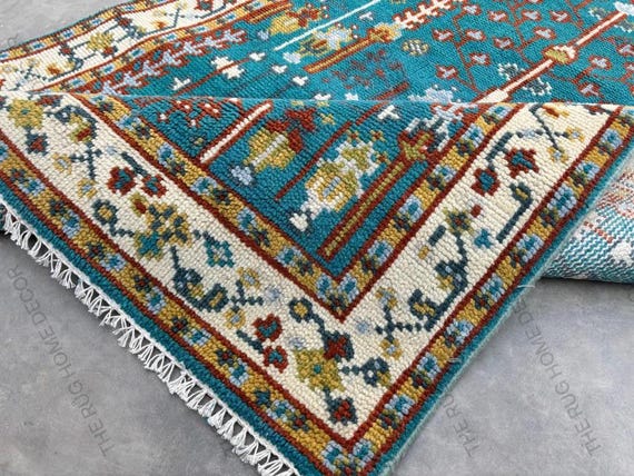 Hand Knotted Teal Blue Nature Inspired Rug with Tribal Tree Motifs Wool Area Rug for Living Room Custom Handmade Rug Bold Artisan Design Rug
