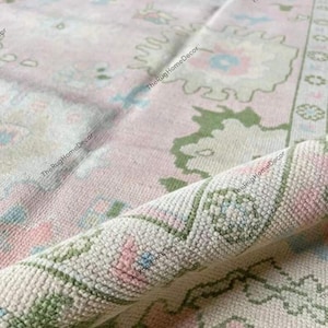 Hand-Knotted Oushak Wool Area Rug: Pink, Beige, Green Vintage Style
