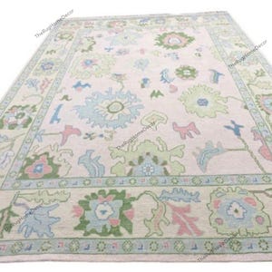 Hand Knotted Oushak Rug: Soft Pink & Green Wool, Made to Order