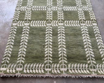 Hand Knotted Olive Green Wool Rug with Cream Leaf Grid Pattern Modern Botanical Design Handmade Wool Area Rug for Living Room Bedroom Rug