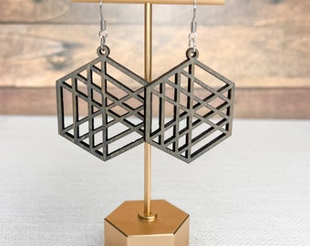 Gray Stained Geometric Hexagon Dangle Wood Earrings Handmade