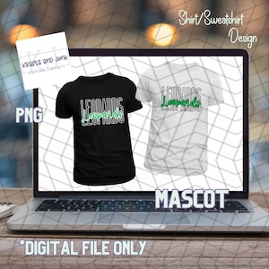 Puede incluir: Un diseño digital para una camiseta o sudadera de color blanco y negro con el texto "LEOPARDS" en verde y blanco. El diseño se muestra en la pantalla de un portátil con el texto "Shirt/Sweatshirt Design" y "MASCOT" en la pantalla.